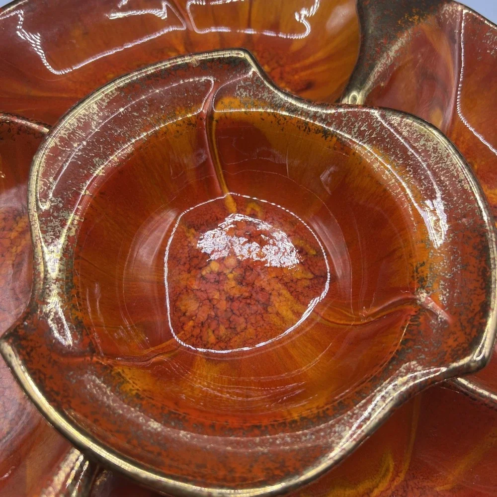 Vintage 1960s California Originals 3pc Chip Dip Set 146 Orange Drip Glaze Gold